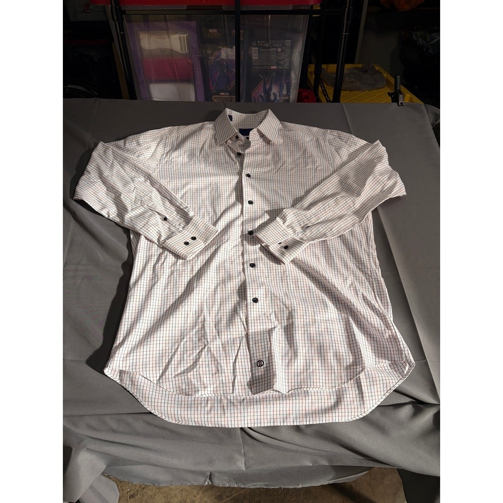 David Donahue Mens Tattersall Check Cotton Dress‎ Shirt White Blue Red 34/35